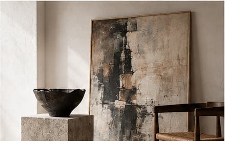 Curated art and sculptural objects in an interior